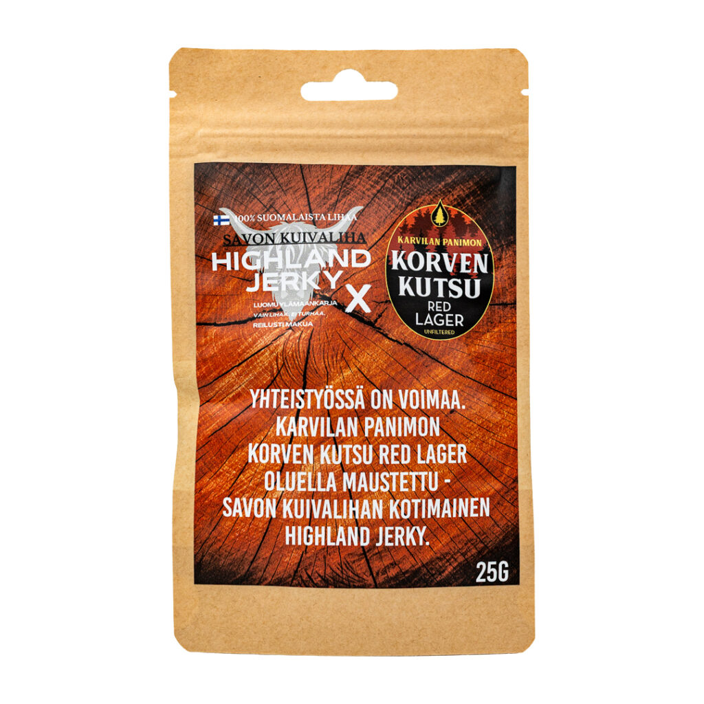 Korven Kutsu Red Lager Beef Jerky -pakkauksen taustapuoli